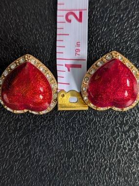 Gold-Tone Red Heart Crystal Stud Earrings - Women Jewelry Clip-On